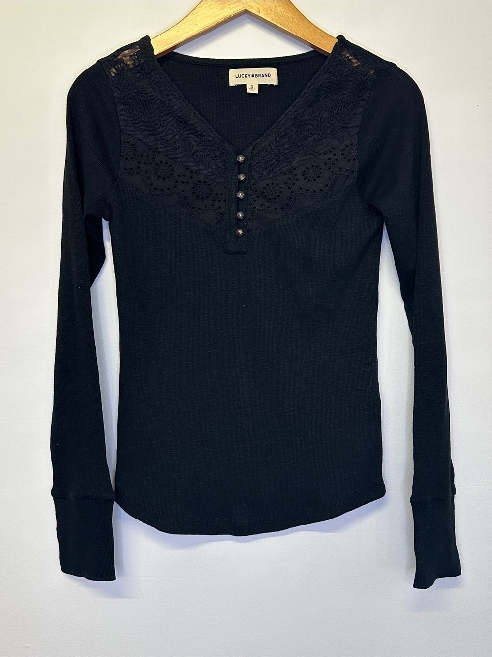 Lucky Brand Black Lace yoke cotton Henley